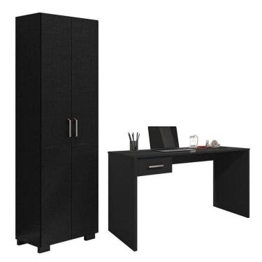 Imagem de Mesa Para Computador Gávea Com Gaveta E Livreiro Office Com Portas Grandes Preto Trama - Móveis Leão