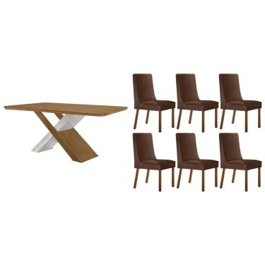 Imagem de Sala Jantar Mesa Imperatriz Tampo Curvo 180cm+6 Cadeiras Dakota Madeira Naturale/Off Wite - Capuccino/Suede Marrom - Rufato