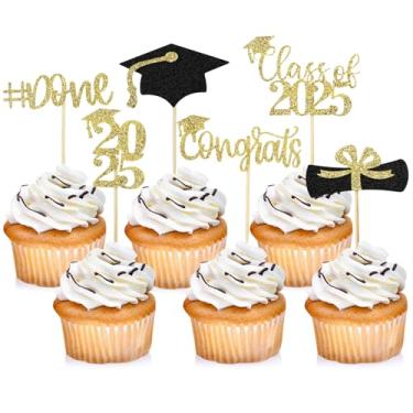 Imagem de 24 Pcs Class of 2025 Cupcake Toppers, Glitter Gold and Black Graduation Cupcake Toppers 2025, 6 Styles Graduation Cap Diploma Cake Picks for Grad Theme Party Cake Decorations Supplies