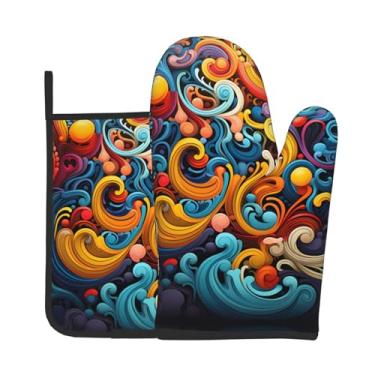 Imagem de Conjunto de 2 peças de luvas de forno com estampa de listras multicoloridas, adequado para cozinhar, assar e grelhar ao ar livre