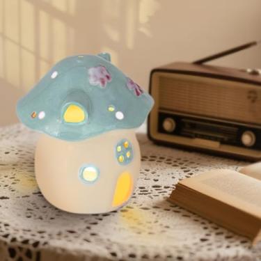 Imagem de Decoração de castiçal de cogumelo, castiçal de cerâmica bonito feito à mão, suporte de velas de desenho animado para casa (azul)