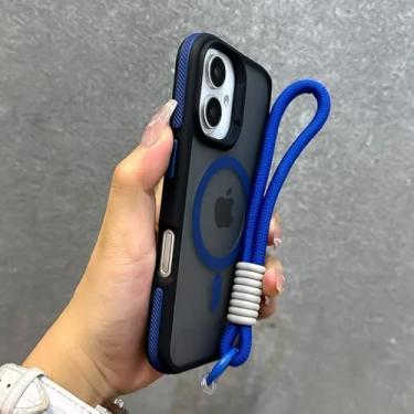 Imagem de Capa fosca com cordão para iPhone 16 15 14 13 12 11 Pro Max Plus com carregamento sem fio magnético, azul escuro GS, para iPhone 14 Pro Max