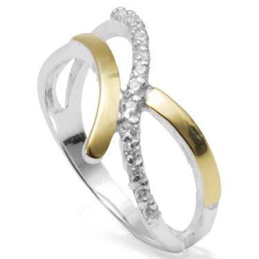 Imagem de Anel Solitário Meia Aliança Prata 925 Zircônias e Ouro - Clara Center 