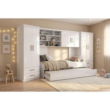 Imagem de Quarto Infantil Chiara 2 Guarda Roupa De 2 Portas + Modulo Aéreo + Cama + Auxiliar Branco - Phoenix Baby