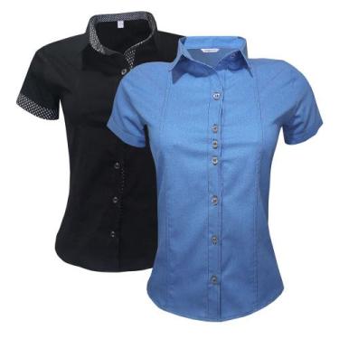 Imagem de Blusa Feminina Social Manga Curta Preto Jeans Combo 2 UN - Lojas Vicen