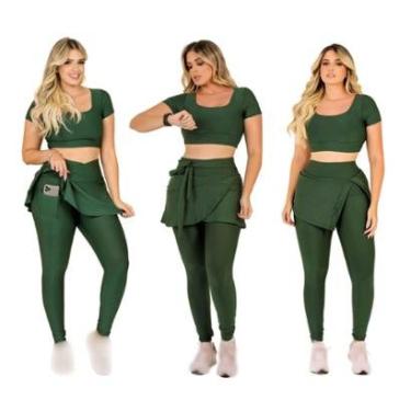 Imagem de Kit 3 Conjuntos Fitness Moda Evangélica Calça Legging Saia Com Bolso e Top Cropped The...