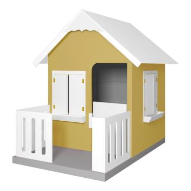 Imagem de Casinha de Brinquedo com Cercado e Floreiros L12 em MDF Amarelo Branco com Varanda para Crianças Gran Belo