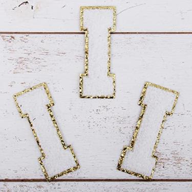 Imagem de Pacote com 3 adesivos de chenille ferro sobre purpurina, letras "I" - Tecido de chenille branco com acabamento dourado - Costurar ou passar - 5,5 cm de altura