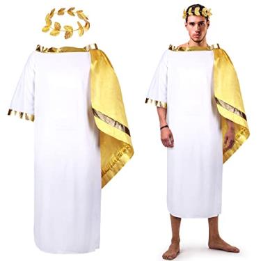 Imagem de SATINIOR 2 peças fantasia grega de Halloween branco romano toga toga adulto túnica com coroa de folha cocar coroa coroa de louros, Multicolorido., M