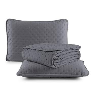 Imagem de Kit Cobre Leito Colcha Casal 3 Peças Matelado Dots 300 Fios Com Porta Travesseiro (Cinza)