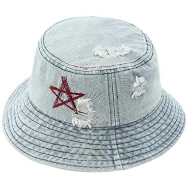 Imagem de Chapéu bucket de algodão chapéu de pescador jeans chapéu de pescador chapéu de sol de praia chapéu tavel verão chapéu de bacia chapéu pescador, Azul claro, Tamanho Único