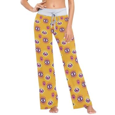 Imagem de KLL Calças de pijama amarelo esotérico com olhos turcos incríveis para mulheres calças de pijama femininas de algodão macio para mulheres PP, Awesome Evil Eyes amarelo esotérico, X-Large