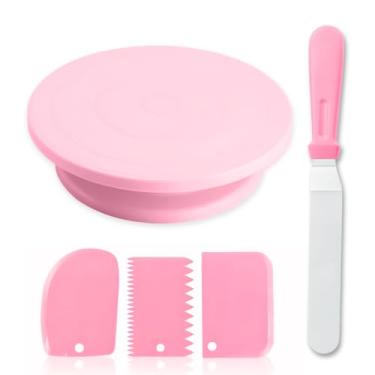 Imagem de LEFAUST Kit Confeiteiro Bailarina Para Bolo Giratória Com Espátula Alisadora de Quina de Bolo e Espátulas Wave Cake - Rosa - Plástico - Seguro para Forno - Lavagem à Máquina