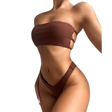 Imagem de Conjunto de biquíni feminino sexy para praia, plus size, com cordão, cintura alta, controle de barriga, biquíni transparente, Marrom, P
