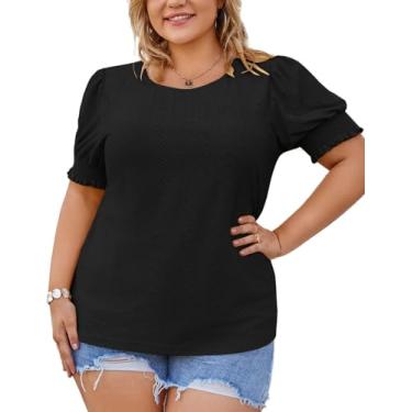Imagem de Hanna Nikole Camisetas femininas plus size, gola redonda, manga curta, caimento justo, casual, verão, Preto, 20 Plus