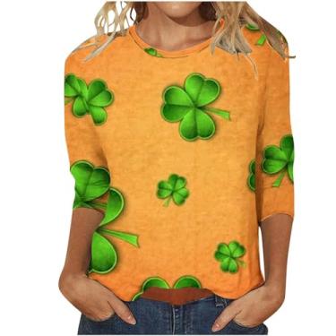 Imagem de Camiseta feminina do Dia de São Patrício com estampa da bandeira irlandesa americana túnica verde manga 3/4, Azul claro, 3G