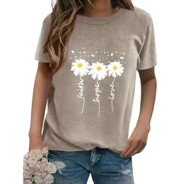 Imagem de Camisetas femininas de manga curta com gola redonda e estampa margarida verão Faith-Hope-Love Raglan Sleeve Tees Loose Fit Graphic Tops 2024, Caqui, M