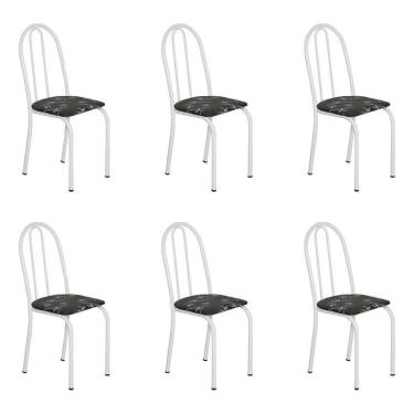 Imagem de Kit 6 Cadeiras De Cozinha Califórnia Estampado Preto Florido Pés De Ferro Branco