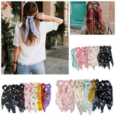 Imagem de Kit 03 Laços Longo De Cabelo Estampado Rabicó Cetim Lenço Scrunchie - 