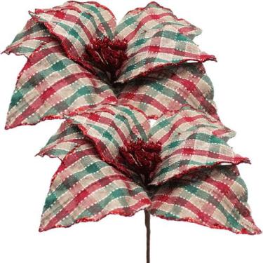 Imagem de Kit 8 Flores Artificiais Xadrez Artesanal Gliter Natal 30cm - Genérico