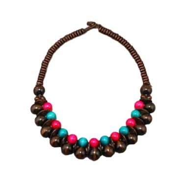 Imagem de COLORFUL BLING Colares étnicos grandes e grossos de madeira com contas boho africano colar tribal feito à mão, Madeira, madeira