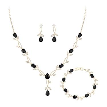 Imagem de Crysdue Conjunto de joias de casamento para noivas damas de honra, zircônias cúbicas deslumbrantes lágrimas marquise folha de marquise colar pingente de pingente de pulseira de tênis nupcial brincos