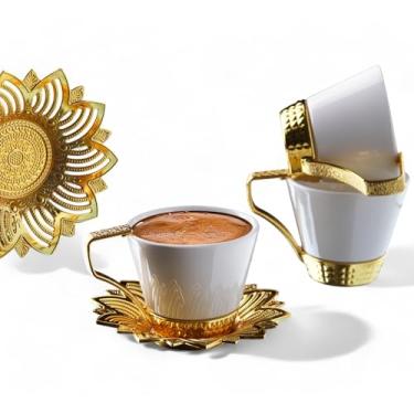 Imagem de Alisveristime (Conjunto de 6 conjuntos de café turco com xícaras de porcelana, suportes de Zamac e pires, capacidade de 100 ml, elegante design otomano em ouro e prata (Selcuklu) (ouro)