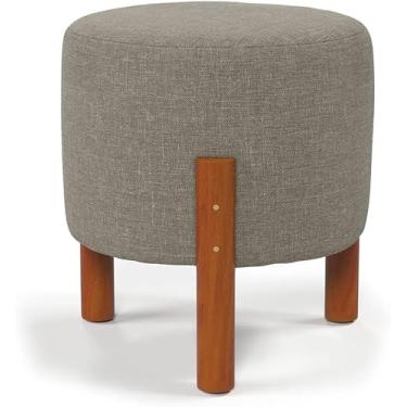 Imagem de Puff Redondo Luxo Decorativo Charme Thor com Pés de Madeira Linho Cinza - PC MÓVEIS