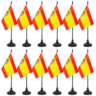 Imagem de Conjunto de 12 bandeiras de mesa da Espanha, bandeira de escritório de mesa espanhola, pequena bandeira de mesa em miniatura com mastro preto e base preta, sala de aula, decoração de mesa de reunião