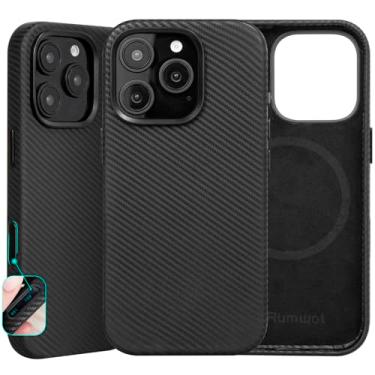 Imagem de Rumwot Capa de couro compatível com iPhone 16 Pro, couro de flor integral, compatível com MagSafe e sem fio, bisel de câmera com botões de metal, resistente a quedas e arranhões (preto)