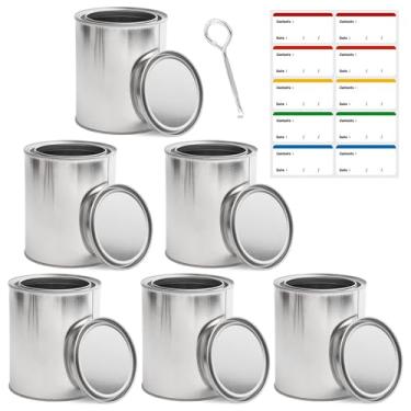 Imagem de Latas de tinta vazias com tampa, recipientes de armazenamento de tinta de 1 litro, 6 peças, balde de lata de tinta de metal para sobras de tintas, solventes, adesivos ou projetos de artesanato, com