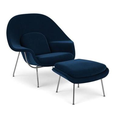 Imagem de Poltrona Womb Chair com Puff em Veludo - Decorato Móveis, Azul marinho