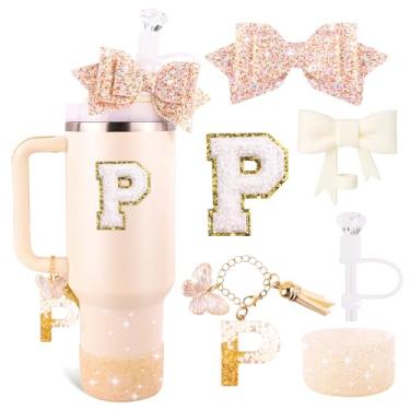 Imagem de Lingdeer Conjunto de acessórios de copo branco para Stanley 850 g e copo de 1,134 g com alça, pingentes de letras, capas de canudo de arco e diamante, bota de silicone com glitter, adesivo