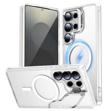 Imagem de TOBOVON Capa para Samsung Galaxy S25 UItra, compatível com MagSafe, suporte de anel de câmera integrado, capa magnética de proteção contra quedas de grau militar fosco translúcido, branco translúcido