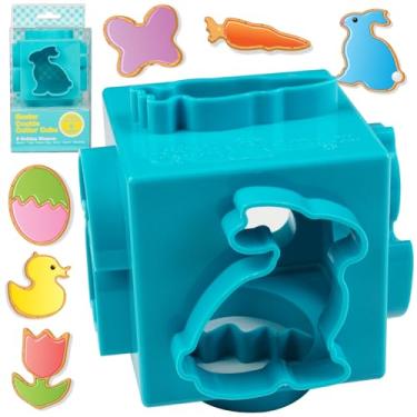 Imagem de Good Cooking Cubo cortador de biscoito de primavera em miniatura – conjunto de prensa de biscoito fofo com 6 formas e design divertidos – tudo em um design de 6 lados, flor de tulipa, coelho/coelho,