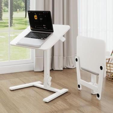 Imagem de PUNCIA Mesa dobrável para laptop pequena de altura ajustável com rolhas – Carrinho de computador com rolamento inclinável de 90°, mesa de trabalho portátil, mesa móvel para escritório em casa, espaço