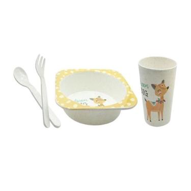 Imagem de Kit papinha Prato Copo e talheres infantil bebê - Amarelo - clink