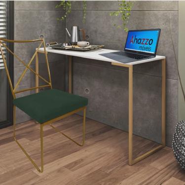 Imagem de Kit Escritório Clark Cadeira e Mesa Industrial Ferro Dourado Tampo mdf Branco Suede Verde Escuro - Ahz Móveis