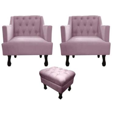 Imagem de Kit 2 Poltronas Decorativa Julia + Puff Luis Xv Suede Rosê Pés Madeira