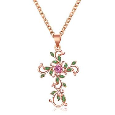 Imagem de Colar elegante com pingente de cruz de folha verde para mulheres, pingente de cristal rosa, folhas de árvore, crucifixo, corrente de elos ajustáveis, joia delicada para Natal, 45,7 cm, Medium, Metal
