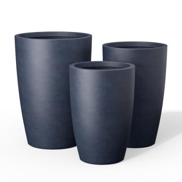 Imagem de Kante Conjunto de 3 vasos de concreto redondos de 46 cm de altura com orifício de drenagem e plugue de borracha, ideal para varanda, porta da frente, pátio, jardim, carvão vegetal