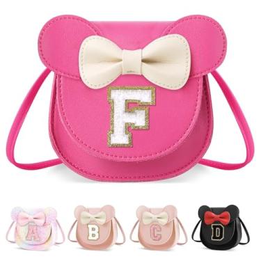 Imagem de XSUIOY Bolsa infantil para meninas, presente de aniversário para crianças, bolsa infantil com inicial personalizada, lindo laço de orelha, presente de menina, Pequeno-rosado-branco, F, F