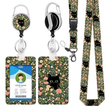 Imagem de IBOVODI Porta-crachá de identificação floral de gato preto com clipe de carretel retrátil, cordão com etiqueta de nome de cartão de flores fofas, protetor de identidade engraçado para mulheres