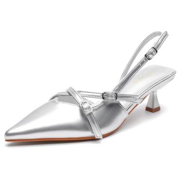 Imagem de Sandálias femininas de salto fino e salto gatinho com tiras cruzadas, sapatos de festa e casamento, Poliuretano prateado, 38