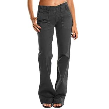 Imagem de Flamingals Calça jeans feminina de perna larga, cintura média, flare para mulheres, calça social de perna reta, Cinza escuro, XG