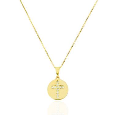 Imagem de Colar Mini Medalha e Crucifixo Cristal Banhado a Ouro