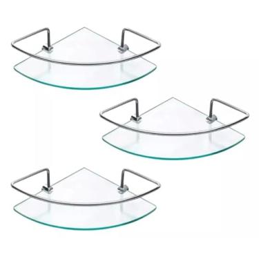Imagem de Conjunto de 3 Prateleiras de Canto em Vidro com Suporte em Alumínio Polido para Banheiro