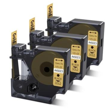 Imagem de COLORWING Compatível com DYMO Label Maker Refill Gold D1 Label Tape 45023, 1/2 polegada x 23 Ft, para Dymo LabelManager 160 420P 210D 280 360D PnP COLORPOP, preto em ouro, pacote com 3