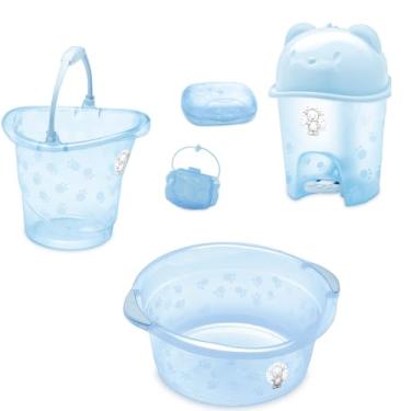 Imagem de Kit Adoleta 5 Peças Enxoval Bebê Bacia Balde Saboneteira Lixeira e Porta Chupeta (Azul Translúcido)