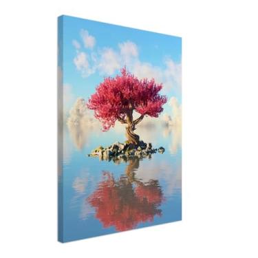 Imagem de PUREVACY Arte de parede de céu azul e árvore de flor rosa para sala de estar. Decoração de arte de parede de quarto para acima da cama. Arte de árvore rosa para estilo de paredes Tamanho vertical 45 x